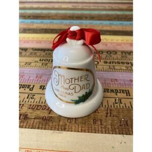 Vintage Hallmark Ornament Porcelain Ceramic Bell for Mother & Dad 1984 White Red